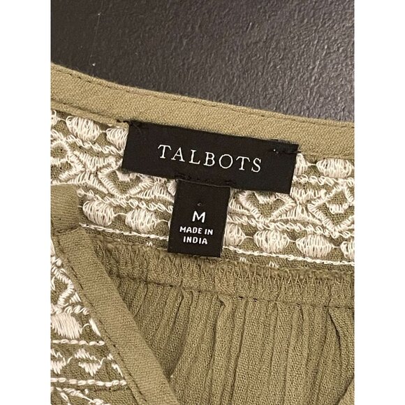 Talbots Olive Green Embroidered Peasant Blouse Size M Cotton 3/4 Sleeve Boho - Picture 5 of 8